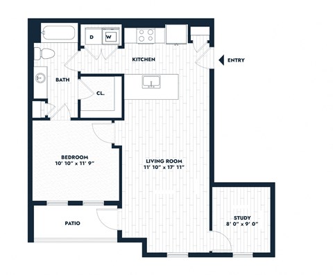 Floor plan for 1 bed, 1 bath, 802 sqft